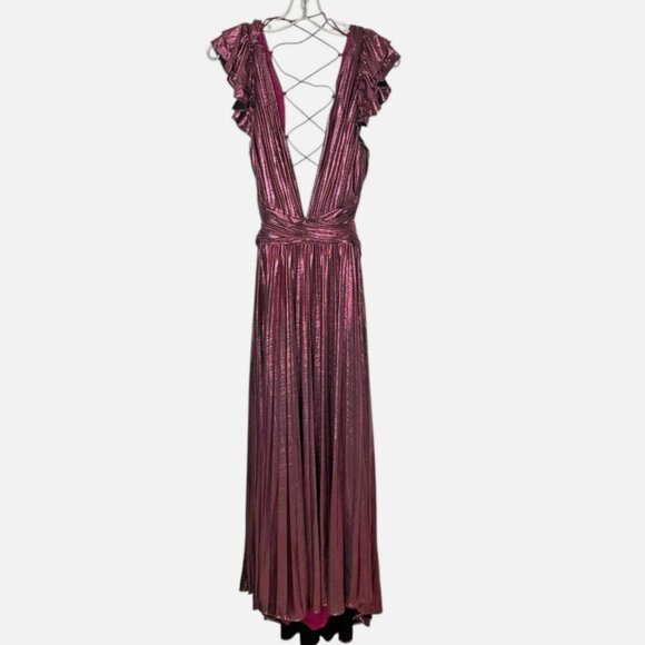 Ieena for Mac Duggal Ruffle Pleated Metallic Gown *READ FLAW* - Picture 2 of 10